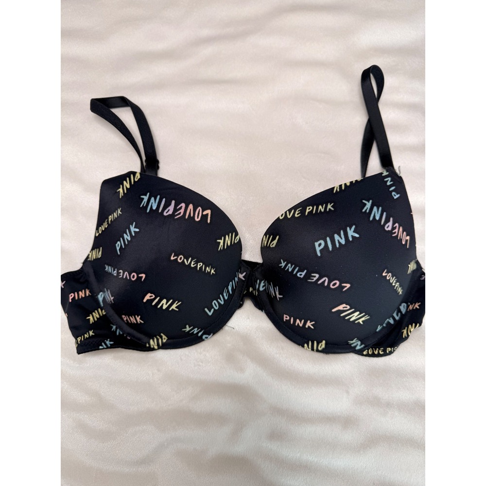 Victoria's Secret PINK Wear Everywhere Push-Up Bra Black Pastel Logo Print 36B - Picture 2 of 7